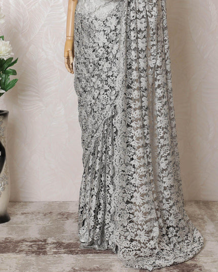 Beige, Black Premium pure two tone French chantilly lace saree in floral design-D16326