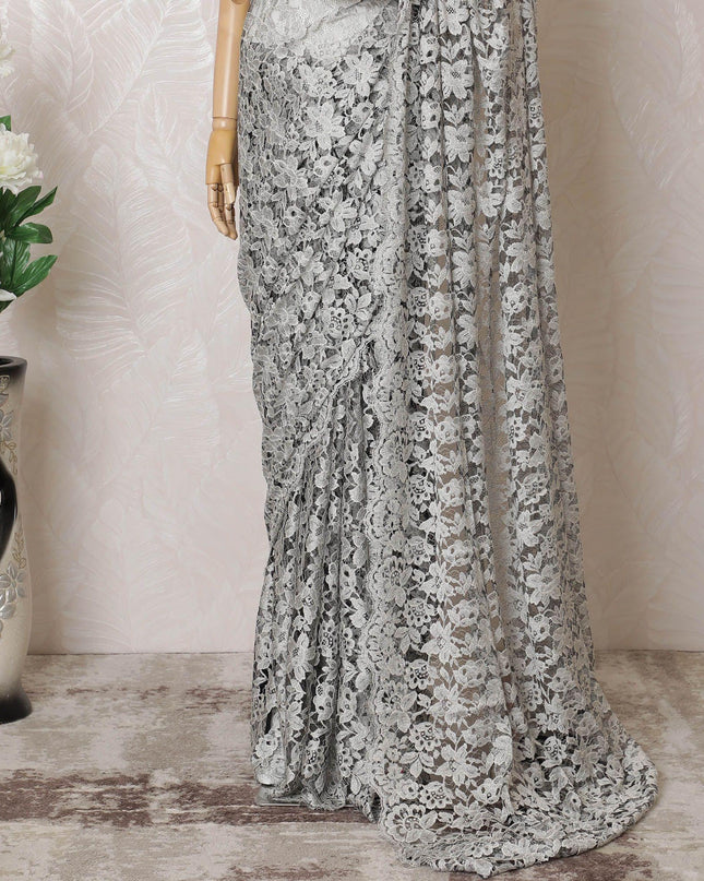 Beige, Black Premium pure two tone French chantilly lace saree in floral design-D16326