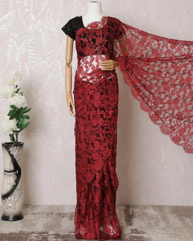 Crimson red, Black Premium pure two tone French chantilly lace saree in floral design-D16328 Regal Fabrics