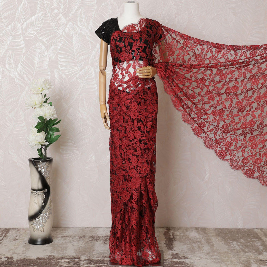 Crimson red, Black Premium pure two tone French chantilly lace saree in floral design-D16328