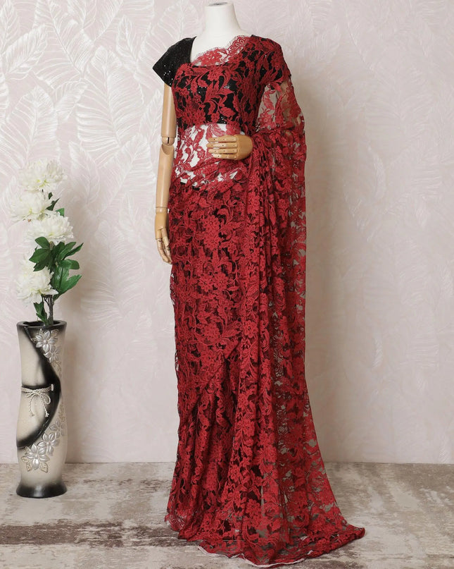 Crimson red, Black Premium pure two tone French chantilly lace saree in floral design-D16328 Regal Fabrics