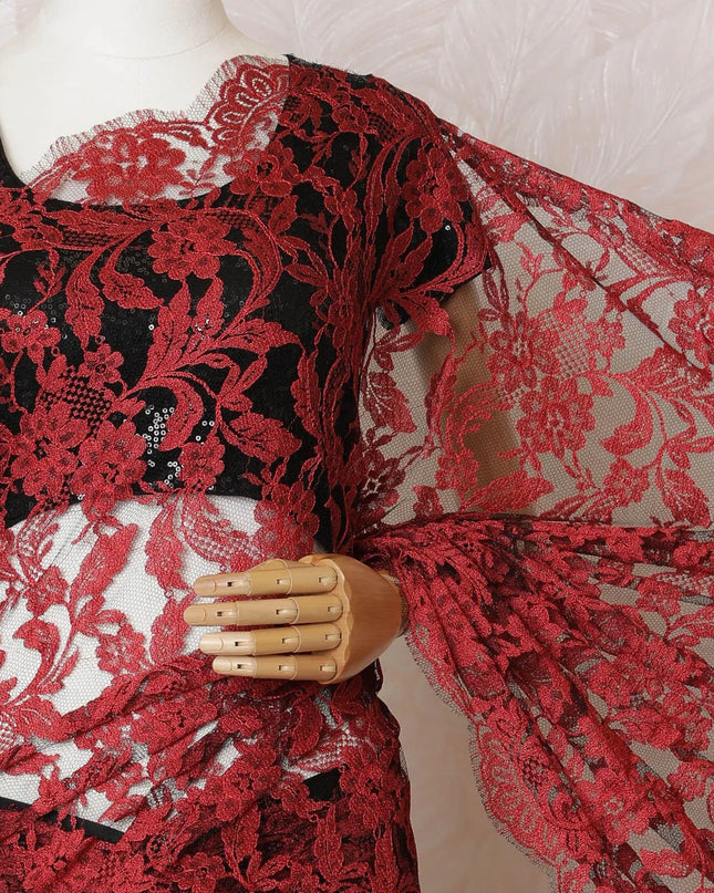 Crimson red, Black Premium pure two tone French chantilly lace saree in floral design-D16328 Regal Fabrics