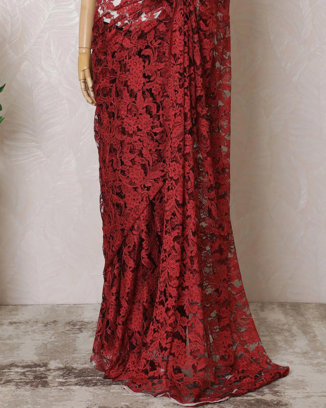 Crimson red, Black Premium pure two tone French chantilly lace saree in floral design-D16328 Regal Fabrics