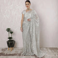 Off white, multicolor Premium pure French metallic chantilly lace saree having stone work in Paisley design-D16378 Regal Fabrics