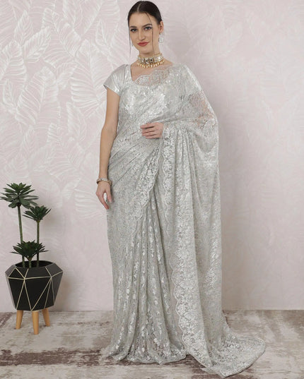 Off white, multicolor Premium pure French metallic chantilly lace saree having stone work in Paisley design-D16378 Regal Fabrics