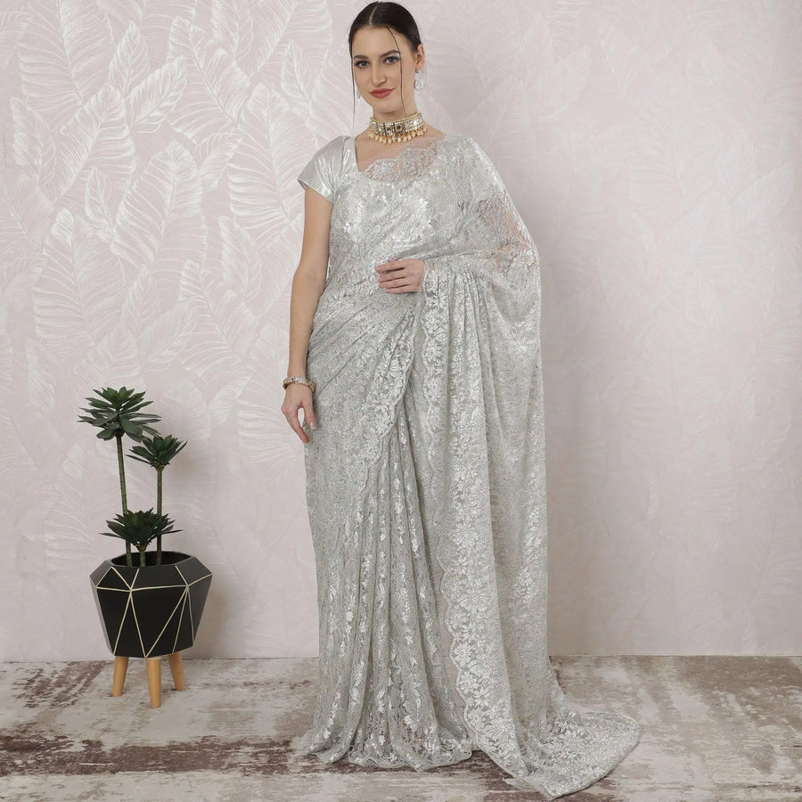 Off white, multicolor Premium pure French metallic chantilly lace saree having stone work in Paisley design-D16378 Regal Fabrics