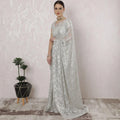 Off white, multicolor Premium pure French metallic chantilly lace saree having stone work in Paisley design-D16378 Regal Fabrics