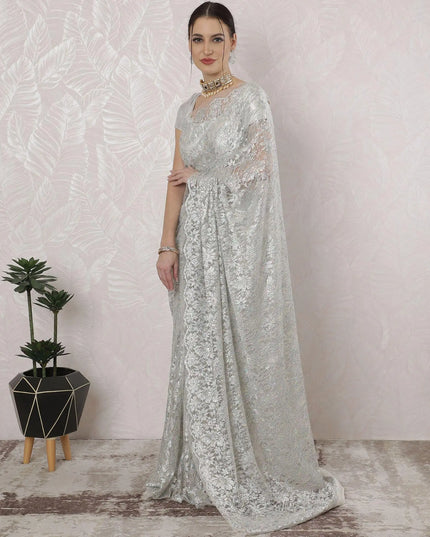 Off white, multicolor Premium pure French metallic chantilly lace saree having stone work in Paisley design-D16378 Regal Fabrics