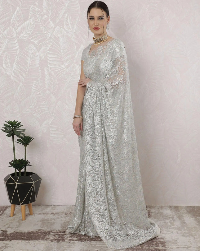Off white, multicolor Premium pure French metallic chantilly lace saree having stone work in Paisley design-D16378 Regal Fabrics