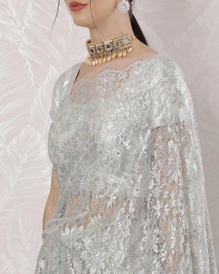 Off white, multicolor Premium pure French metallic chantilly lace saree having stone work in Paisley design-D16378 Regal Fabrics