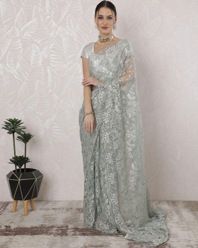 Tea green, multicolor Premium pure French metallic chantilly lace saree having stone work in Paisley design-D16379
