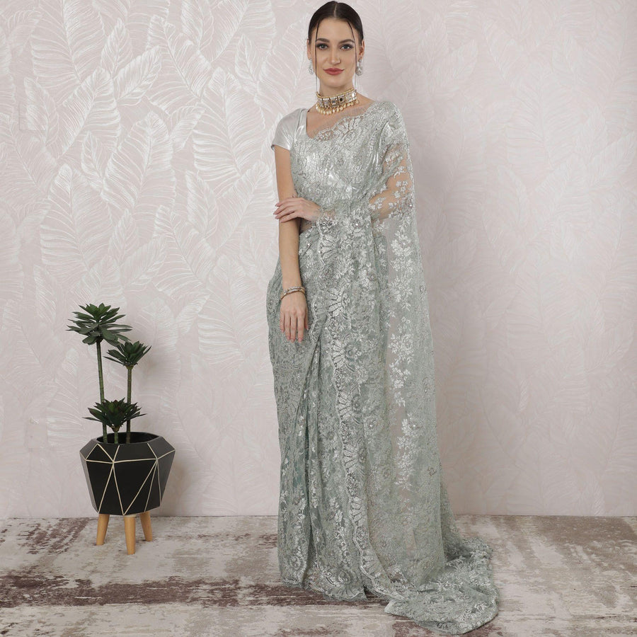 Tea green, multicolor Premium pure French metallic chantilly lace saree having stone work in Paisley design-D16379