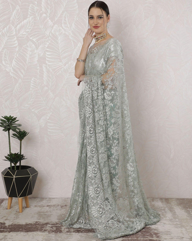 Tea green, multicolor Premium pure French metallic chantilly lace saree having stone work in Paisley design-D16379