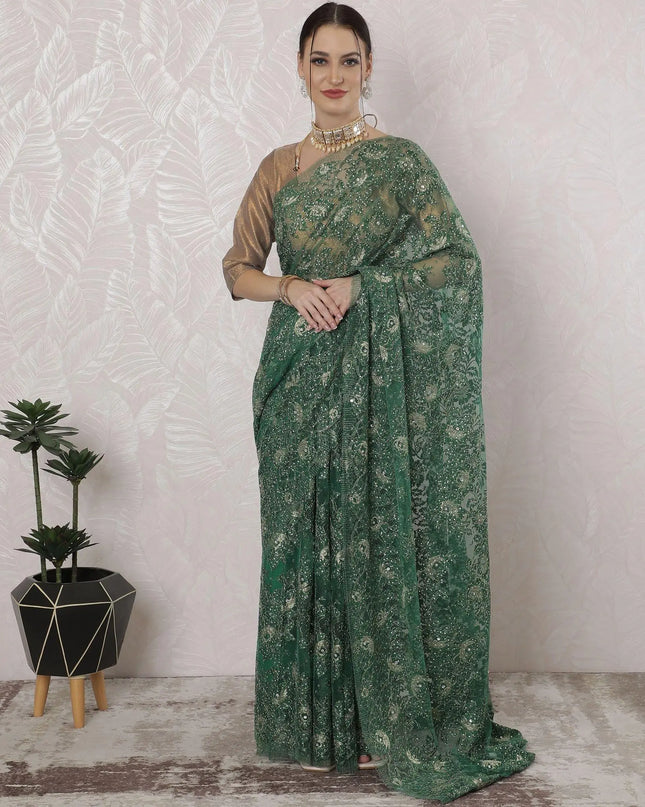 Forest green, gold Premium pure French metallic chantilly lace saree having stone work in floral design-D16380 Regal Fabrics