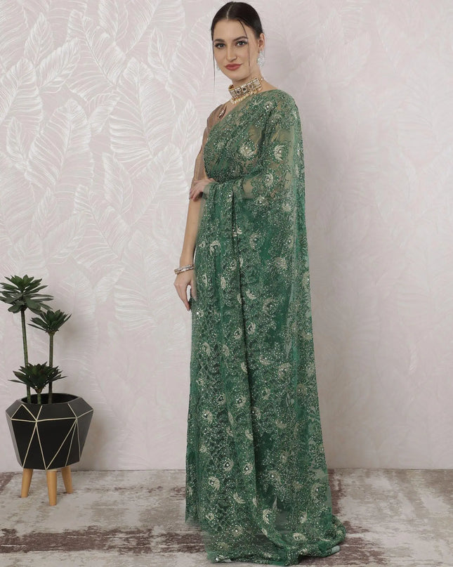 Forest green, gold Premium pure French metallic chantilly lace saree having stone work in floral design-D16380 Regal Fabrics