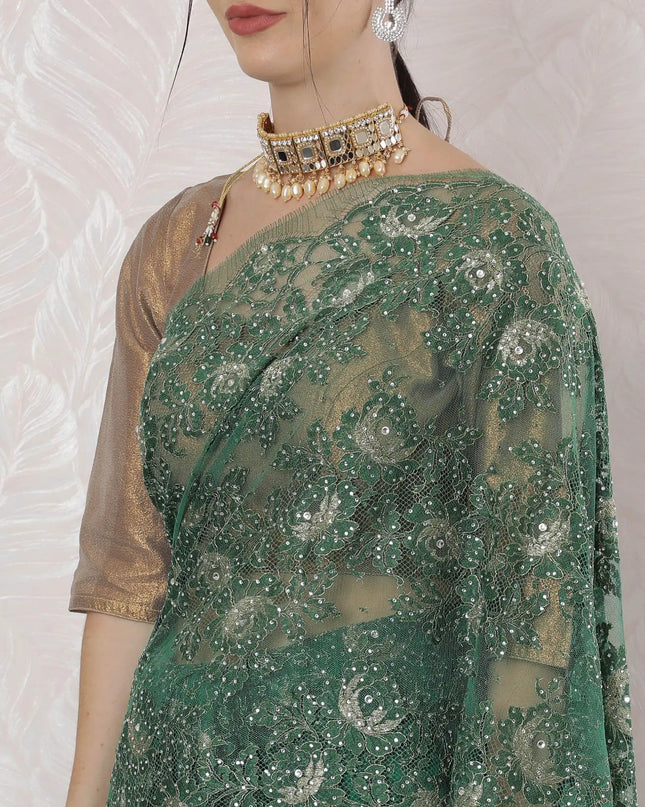 Forest green, gold Premium pure French metallic chantilly lace saree having stone work in floral design-D16380 Regal Fabrics