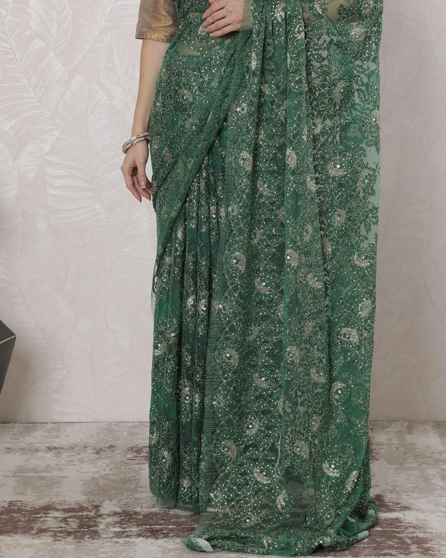 Forest green, gold Premium pure French metallic chantilly lace saree having stone work in floral design-D16380 Regal Fabrics