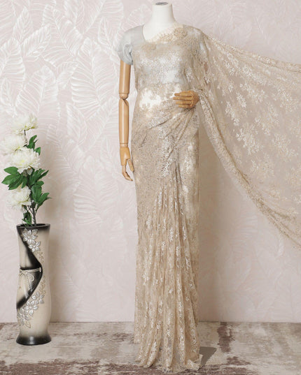Light gold Premium pure French metallic chantilly lace saree having stone work in floral design-D16383
