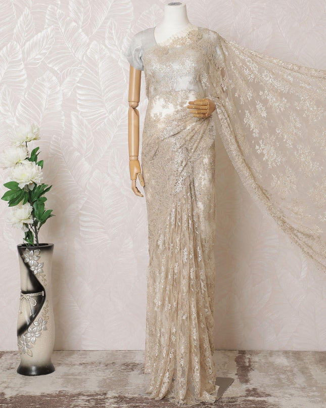 Light gold Premium pure French metallic chantilly lace saree having stone work in floral design-D16383