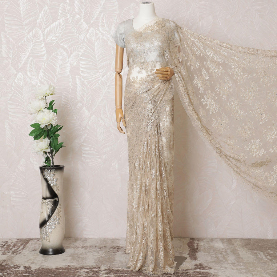 Light gold Premium pure French metallic chantilly lace saree having stone work in floral design-D16383
