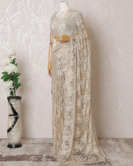 Light gold Premium pure French metallic chantilly lace saree having stone work in floral design-D16383