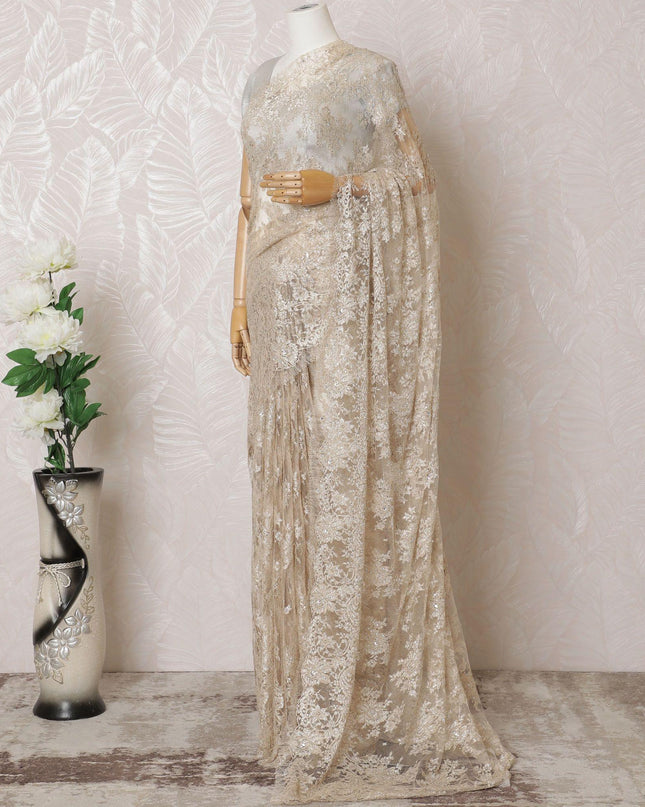 Light gold Premium pure French metallic chantilly lace saree having stone work in floral design-D16383