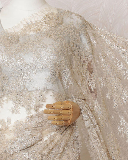Light gold Premium pure French metallic chantilly lace saree having stone work in floral design-D16383