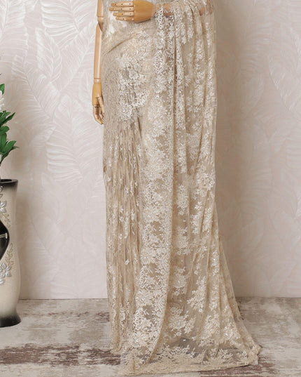 Light gold Premium pure French metallic chantilly lace saree having stone work in floral design-D16383