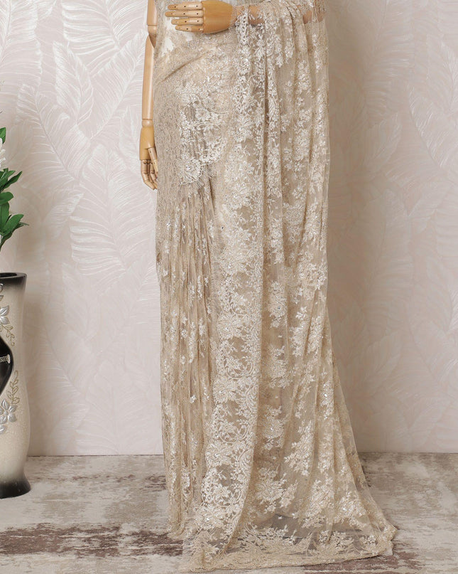 Light gold Premium pure French metallic chantilly lace saree having stone work in floral design-D16383