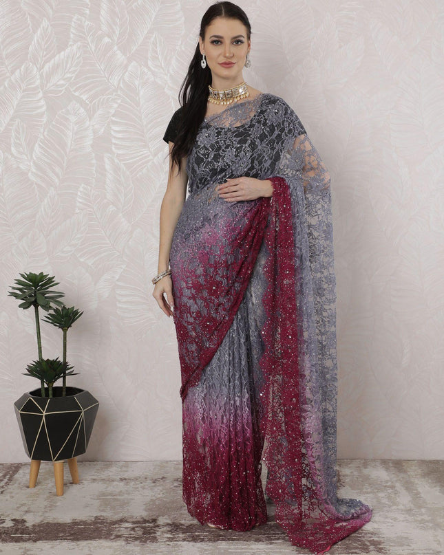 Grey to Magenta pink Premium Pure French chantilly lace saree having stone work in Ombre design-D16386