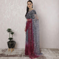 Grey to Magenta pink Premium Pure French chantilly lace saree having stone work in Ombre design-D16386