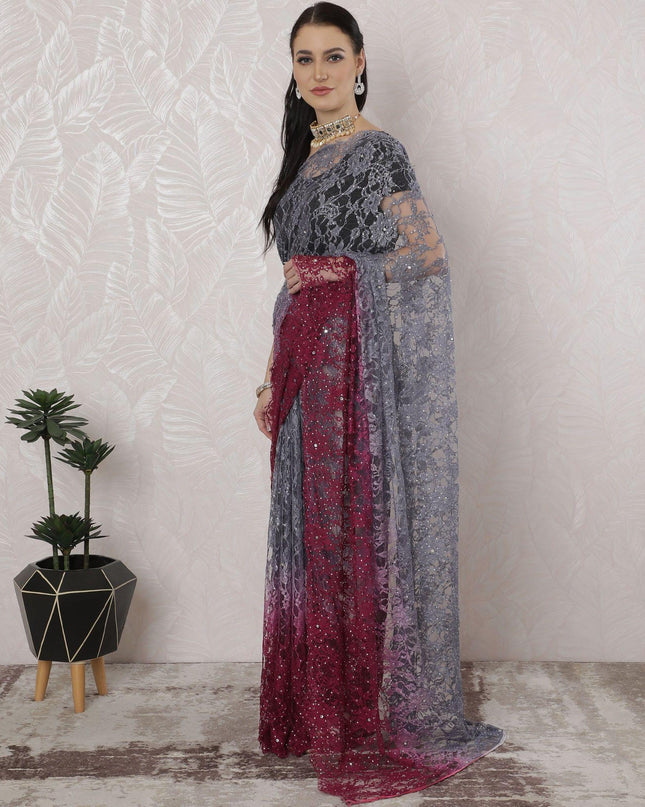 Grey to Magenta pink Premium Pure French chantilly lace saree having stone work in Ombre design-D16386