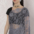 Grey to Magenta pink Premium Pure French chantilly lace saree having stone work in Ombre design-D16386