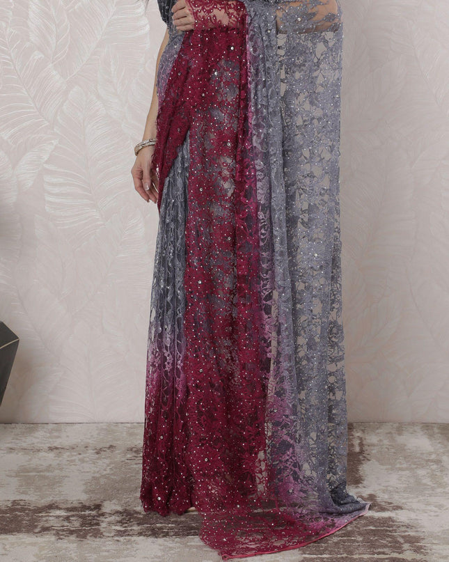 Grey to Magenta pink Premium Pure French chantilly lace saree having stone work in Ombre design-D16386
