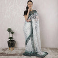 Off white, Bottle green Premium Pure French chantilly lace saree having stone work in Ombre design-D16387 Regal Fabrics
