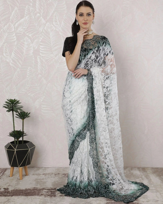 Off white, Bottle green Premium Pure French chantilly lace saree having stone work in Ombre design-D16387 Regal Fabrics