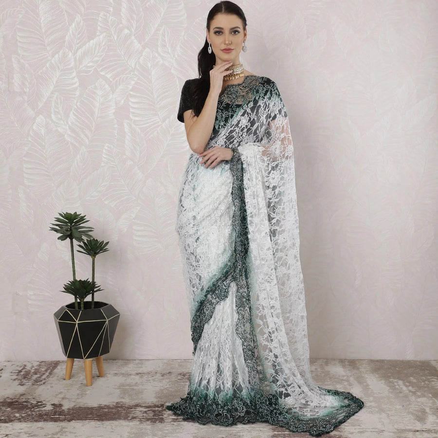 Off white, Bottle green Premium Pure French chantilly lace saree having stone work in Ombre design-D16387 Regal Fabrics