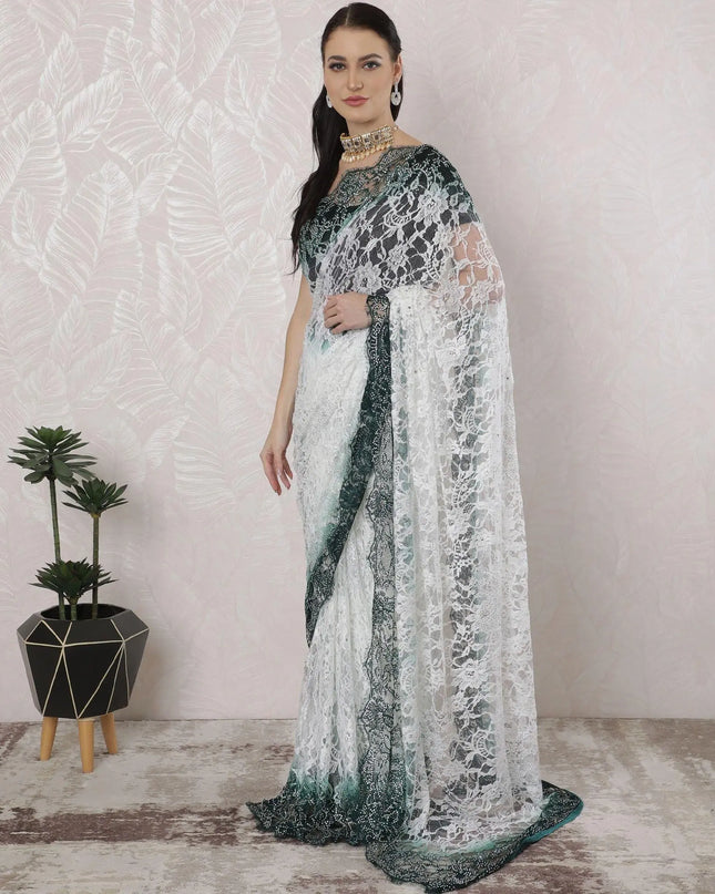 Off white, Bottle green Premium Pure French chantilly lace saree having stone work in Ombre design-D16387 Regal Fabrics