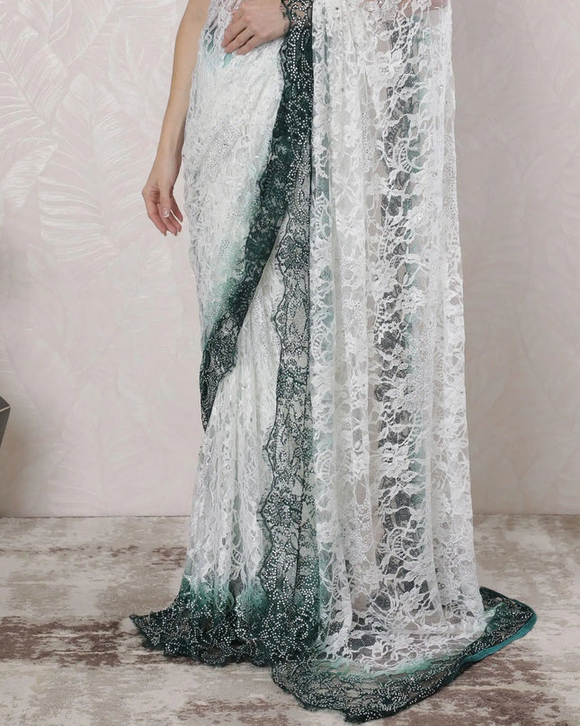 Off white, Bottle green Premium Pure French chantilly lace saree having stone work in Ombre design-D16387 Regal Fabrics