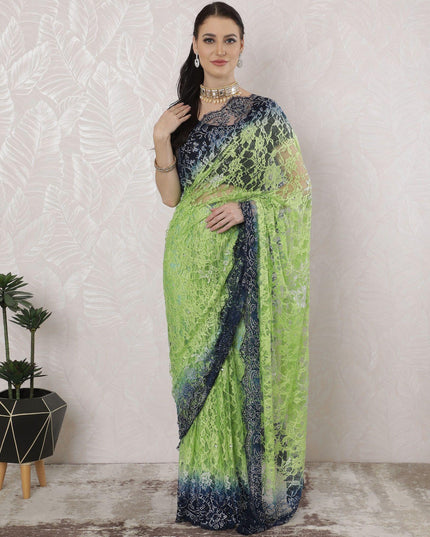 Kelly green, Navy blue Premium Pure French chantilly lace saree having stone work in Ombre design-D16389