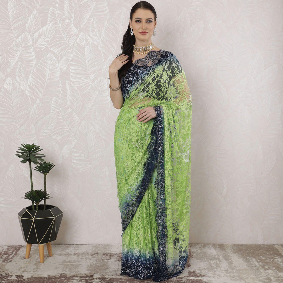 Kelly green, Navy blue Premium Pure French chantilly lace saree having stone work in Ombre design-D16389