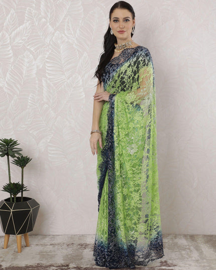 Kelly green, Navy blue Premium Pure French chantilly lace saree having stone work in Ombre design-D16389