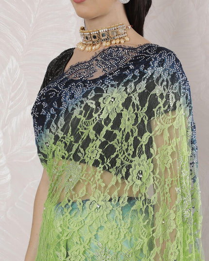 Kelly green, Navy blue Premium Pure French chantilly lace saree having stone work in Ombre design-D16389