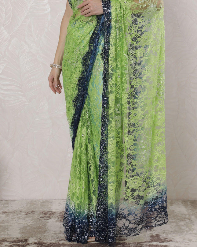 Kelly green, Navy blue Premium Pure French chantilly lace saree having stone work in Ombre design-D16389