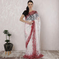 Off white, Crimson red Premium Pure French chantilly lace saree having stone work in Ombre design-D16391