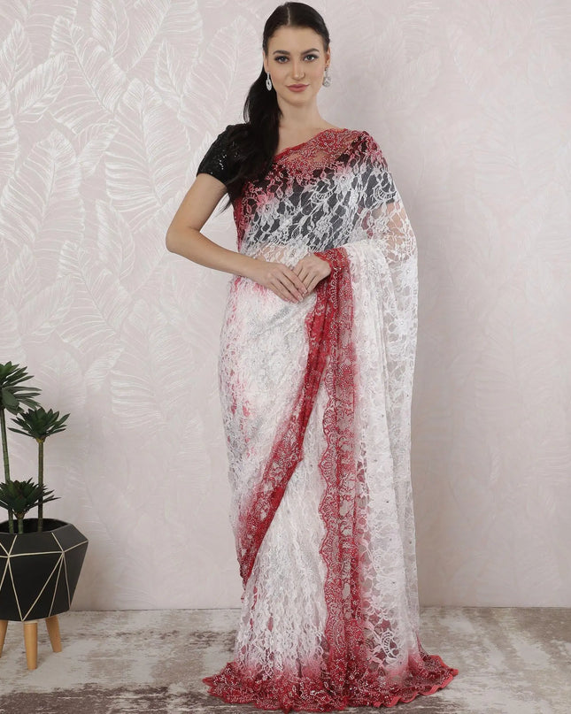 Off white, Crimson red Premium Pure French chantilly lace saree having stone work in Ombre design-D16391 Regal Fabrics