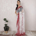Off white, Crimson red Premium Pure French chantilly lace saree having stone work in Ombre design-D16391