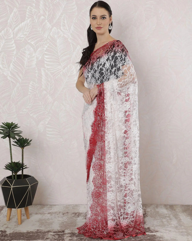 Off white, Crimson red Premium Pure French chantilly lace saree having stone work in Ombre design-D16391 Regal Fabrics