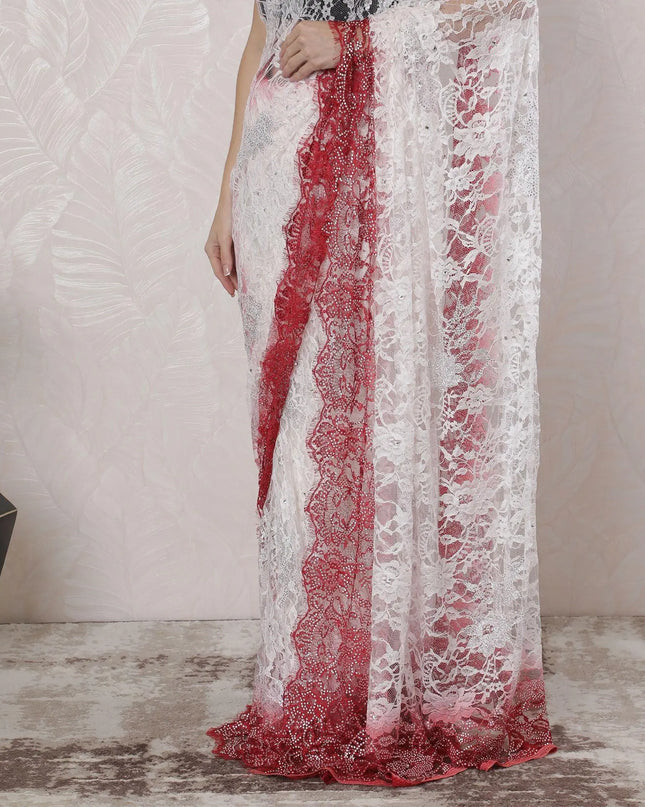 Off white, Crimson red Premium Pure French chantilly lace saree having stone work in Ombre design-D16391 Regal Fabrics