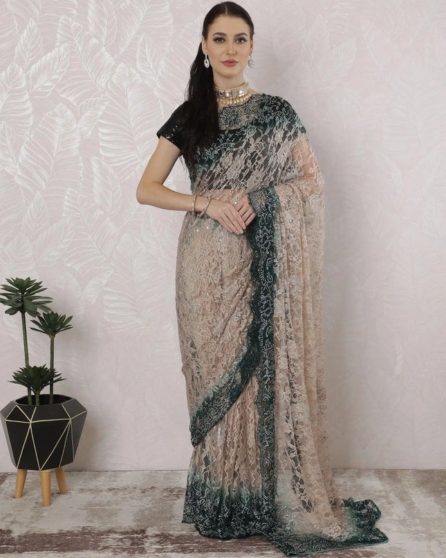 Gold, bottle green Premium Pure French chantilly lace saree having stone work in Ombre design-D16394 Regal Fabrics